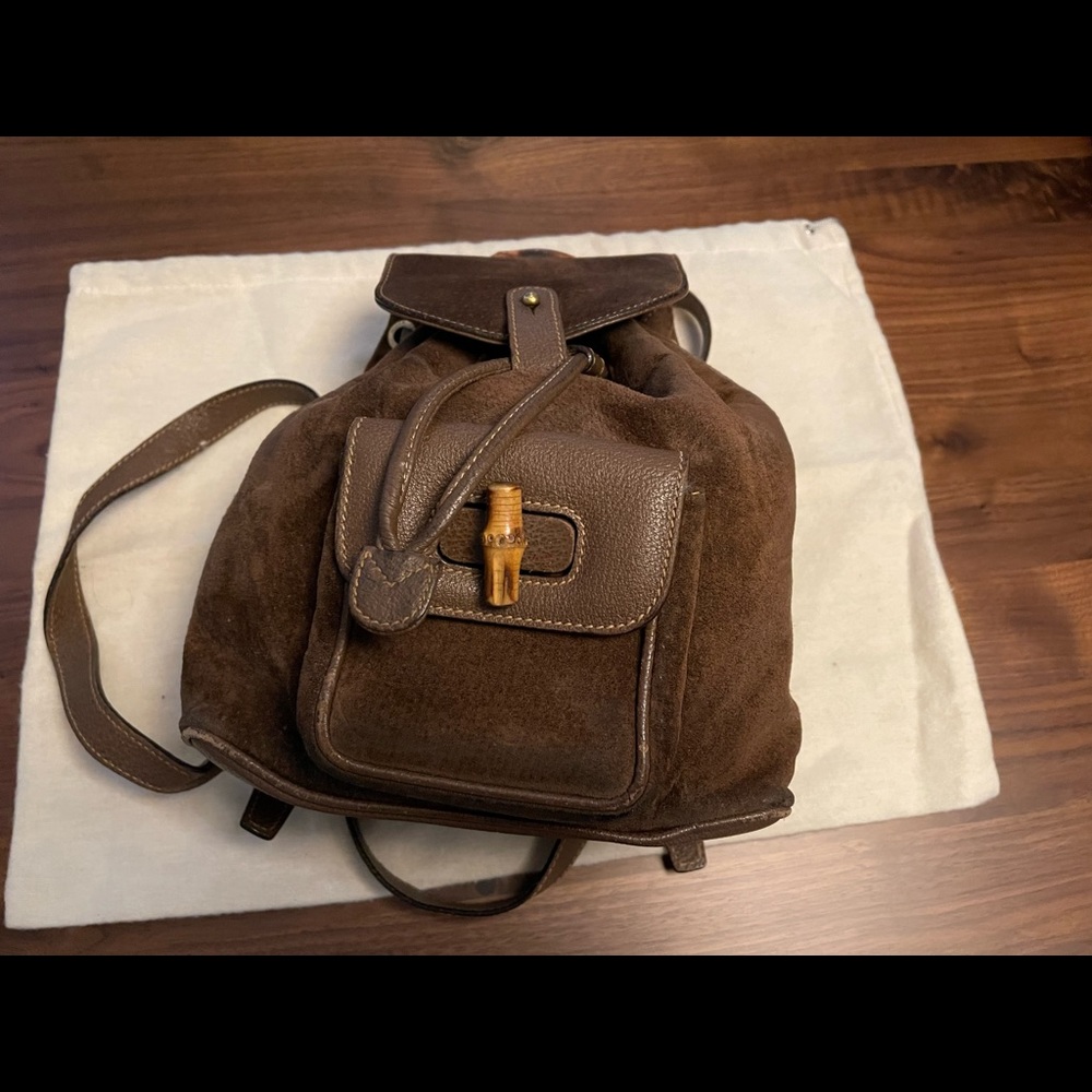 Cute Gucci backpack in brown leather and suede, with bamboo accents